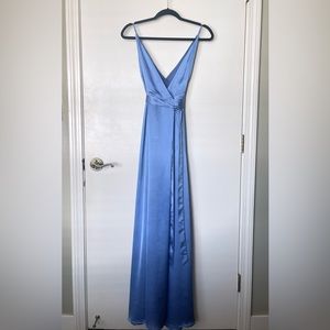 Minimalistic Sky Blue ‘Hutch’ Satin Wrap Maxi Gown
